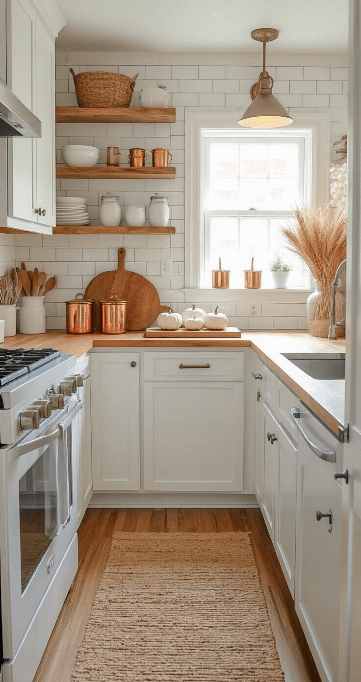 Cozy Fall Kitchen Decor: Transform Your Space with Warmth and Style Charming galley kitchen designed for small spaces featuring white cabinets, butcher block counters, seasonal fall decor, and natural light.