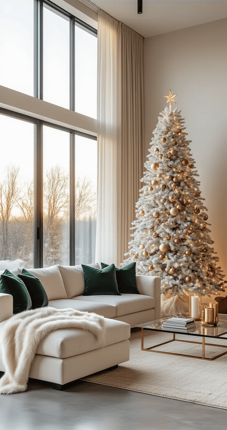 Modern Christmas Decor 2025: Elevate Your Holiday Style with Minimalist Magic Photorealistic interior of a modern living room during golden hour featuring a 7-foot flocked Christmas tree with gold and crystal ornaments, a plush cream sectional sofa with forest green throw pillows, and polished concrete floors, all illuminated by soft natural light through sheer curtains.