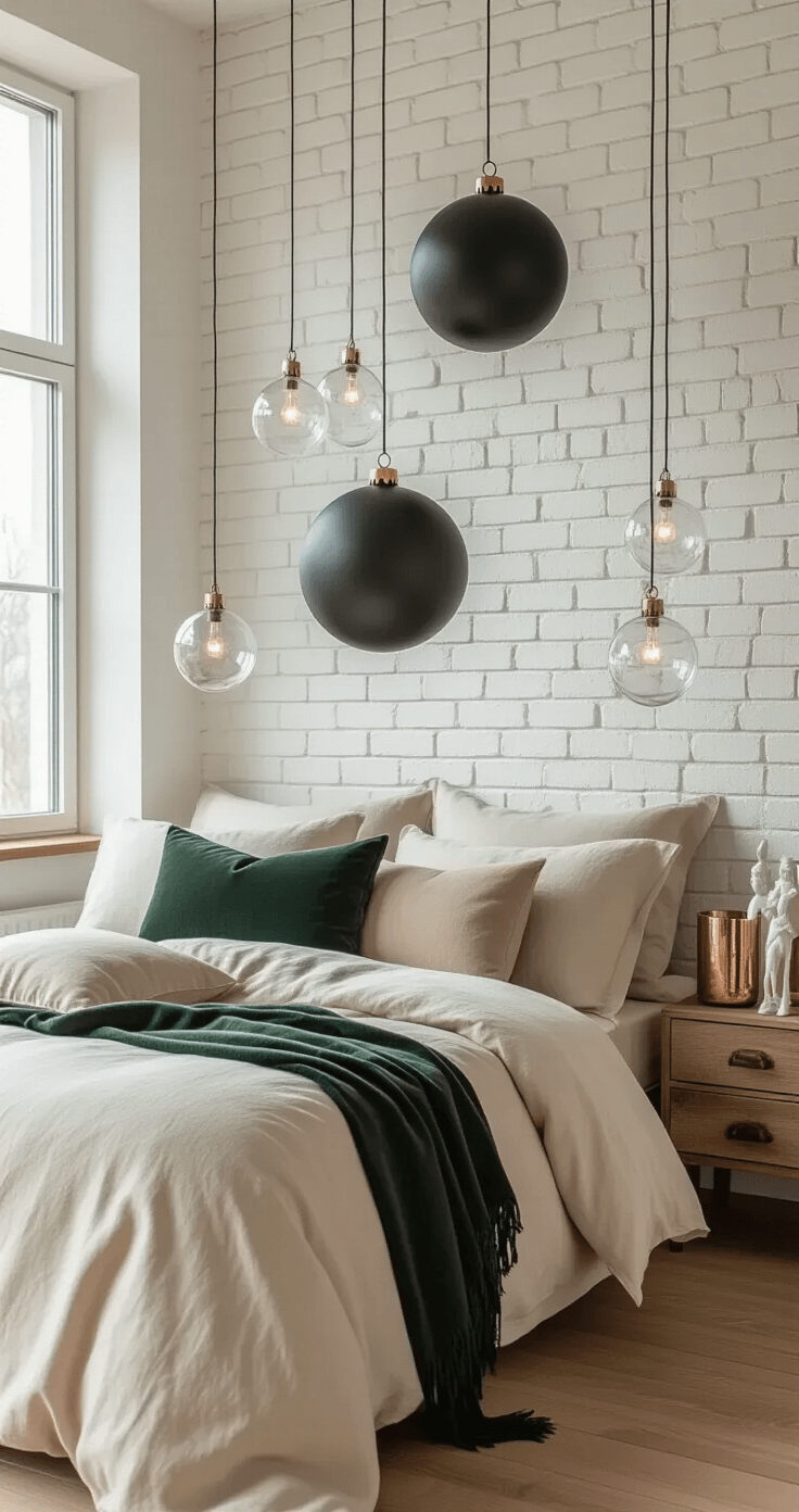 Modern Christmas Decor 2025: Elevate Your Holiday Style with Minimalist Magic An intimate bedroom corner bathed in morning light, showcasing modern Christmas decor with large matte black and glass crystal baubles hanging from the ceiling. The bed features neutral linen bedding in cream and beige, accented by asymmetrically arranged deep forest green velvet pillows. A reclaimed wood floating nightstand holds copper candle holders and abstract holiday figurines, against a backdrop of a textured white brick wall and natural oak hardwood floors. The elevated camera angle captures the layered textures and serene atmosphere enhanced by soft natural lighting.