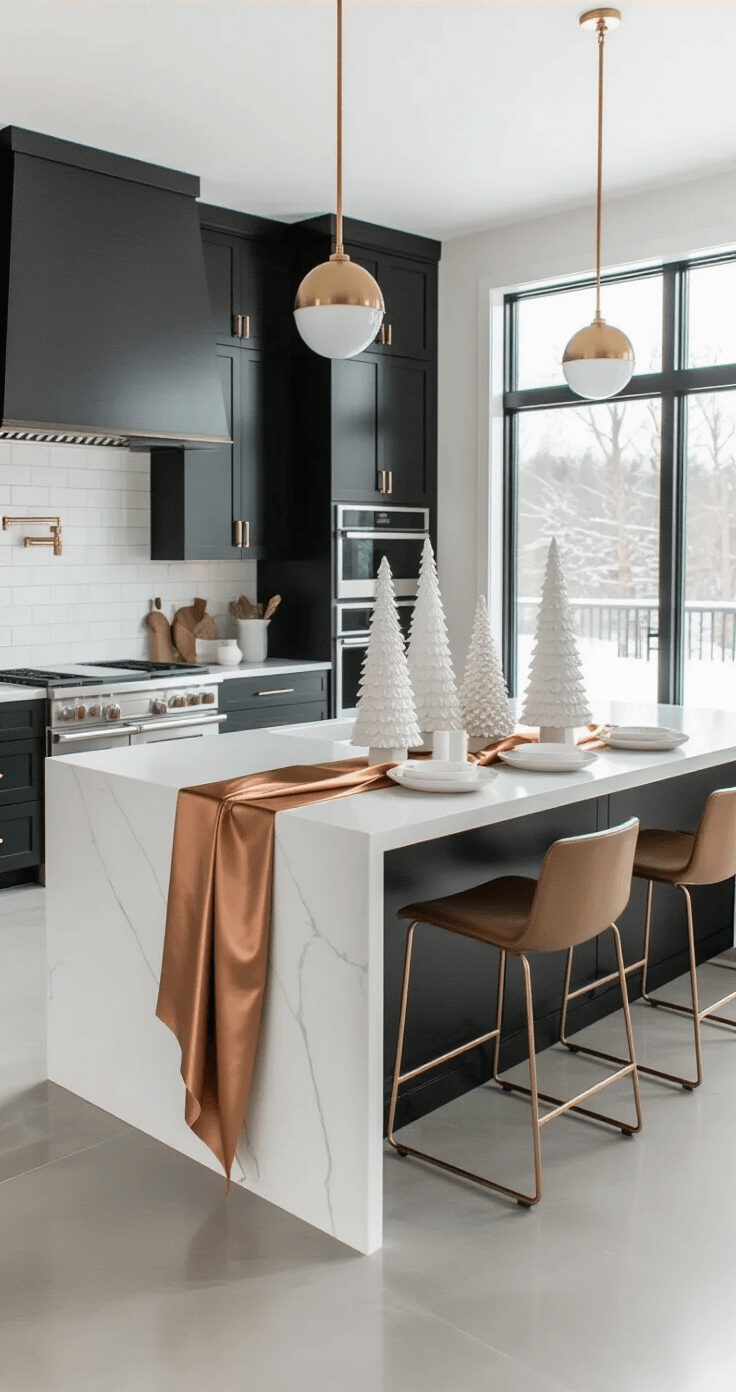 Modern Christmas Decor 2025: Elevate Your Holiday Style with Minimalist Magic Expansive modern kitchen featuring a white quartz waterfall island with a copper and cream ribbon, white ceramic trees as a centerpiece, sleek matte black cabinetry, brass hardware, and large windows with a winter landscape view, all captured in afternoon natural light.