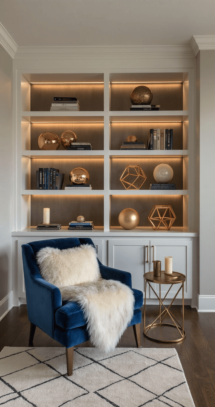 Modern Christmas Decor 2025: Elevate Your Holiday Style with Minimalist Magic Cozy reading nook in a contemporary home office, featuring rich textures and sophisticated colors, with built-in shelving displaying curated books alongside abstract glass ornaments and copper sculptures. A celestial blue velvet accent chair draped with an ivory faux fur throw sits next to a side table with a matte gold bauble and minimalist candles, illuminated by a brass floor lamp. Dark hardwood floors and a geometric area rug enhance the moody, intimate atmosphere during twilight.