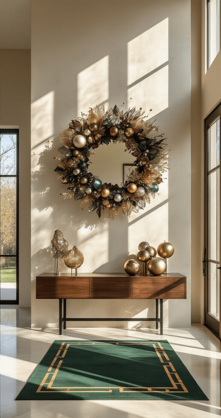Modern Christmas Decor 2025: Elevate Your Holiday Style with Minimalist Magic Stunning foyer with high ceilings showcasing modern holiday decor, featuring an oversized mixed material wreath on a concrete wall, a walnut console table with sculptural ornaments, and a large brass-framed mirror reflecting natural light, all atop polished marble floors with a geometric runner.