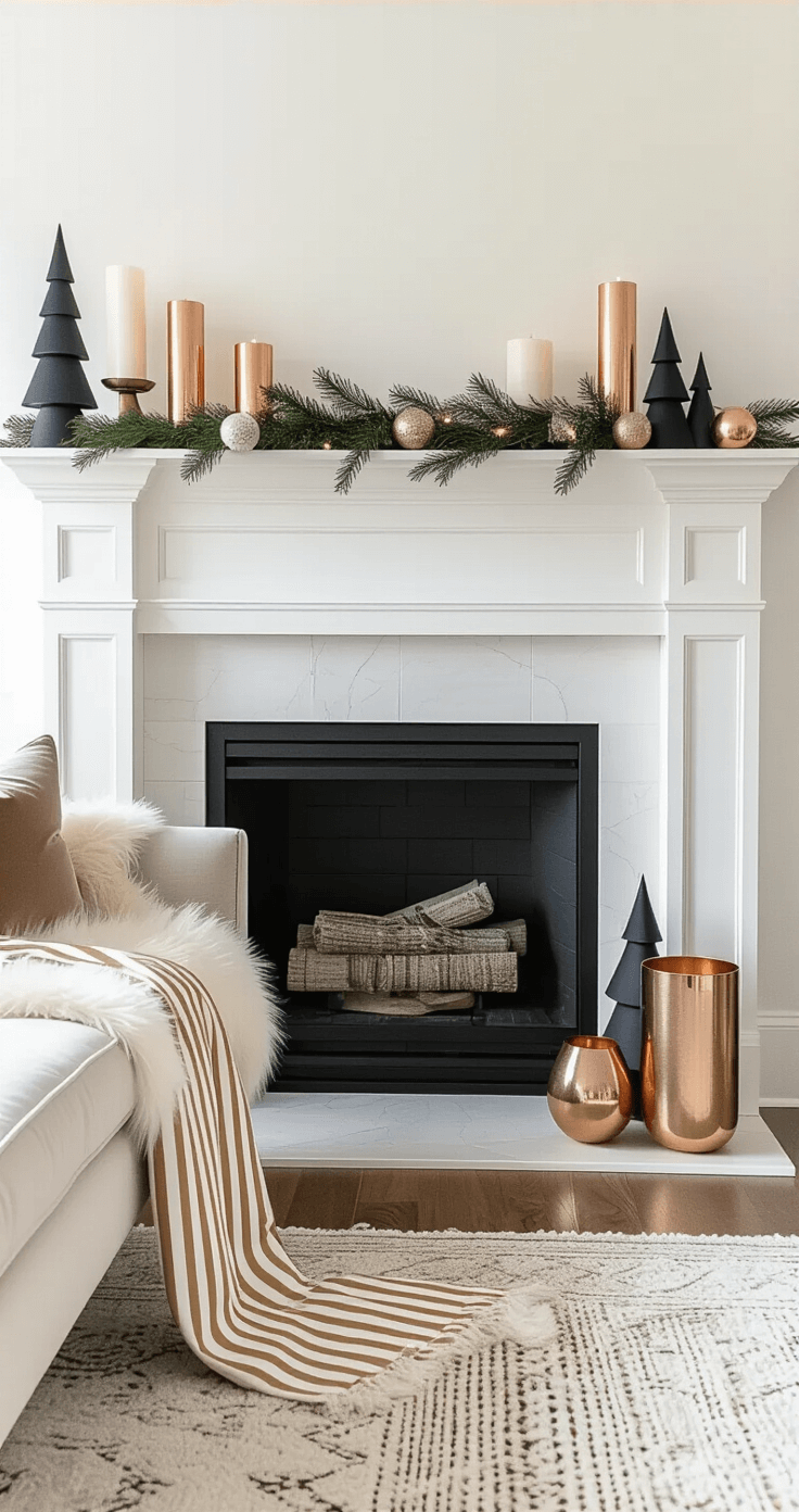 Modern Christmas Decor 2025: Elevate Your Holiday Style with Minimalist Magic Sophisticated living room mantel styled with layered textures in soft morning light, featuring a modern fireplace, asymmetrical arrangement of candles in copper holders, faux fur garland with oversized striped ribbon, abstract holiday sculptures, plush seating area with velvet pillows, and natural hardwood floors.