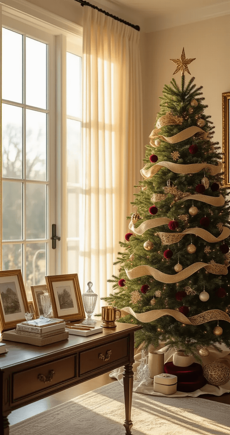 Deck the Halls: A Foolproof Guide to Creating a Show-Stopping Christmas Tree with Bows Luxurious living room with a 9-foot Fraser fir Christmas tree, golden hour sunlight streaming through sheer curtains, a mahogany console table adorned with crafting supplies, and rich textures from Persian rugs and leather furniture.