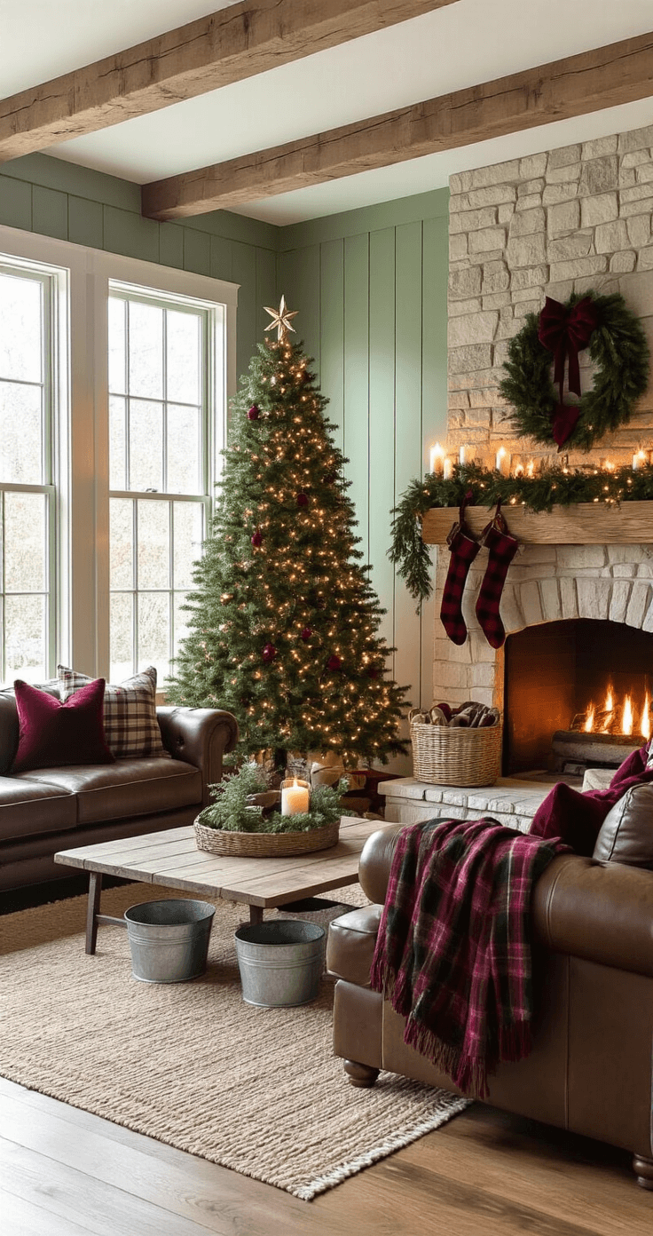 Deck the Halls: A Foolproof Guide to Creating a Show-Stopping Christmas Tree with Bows Cozy farmhouse family room decorated for Christmas with a Noble fir tree, stone fireplace, and warm lighting, featuring shiplap walls, wooden beams, and a leather sectional sofa adorned with plaid throws.