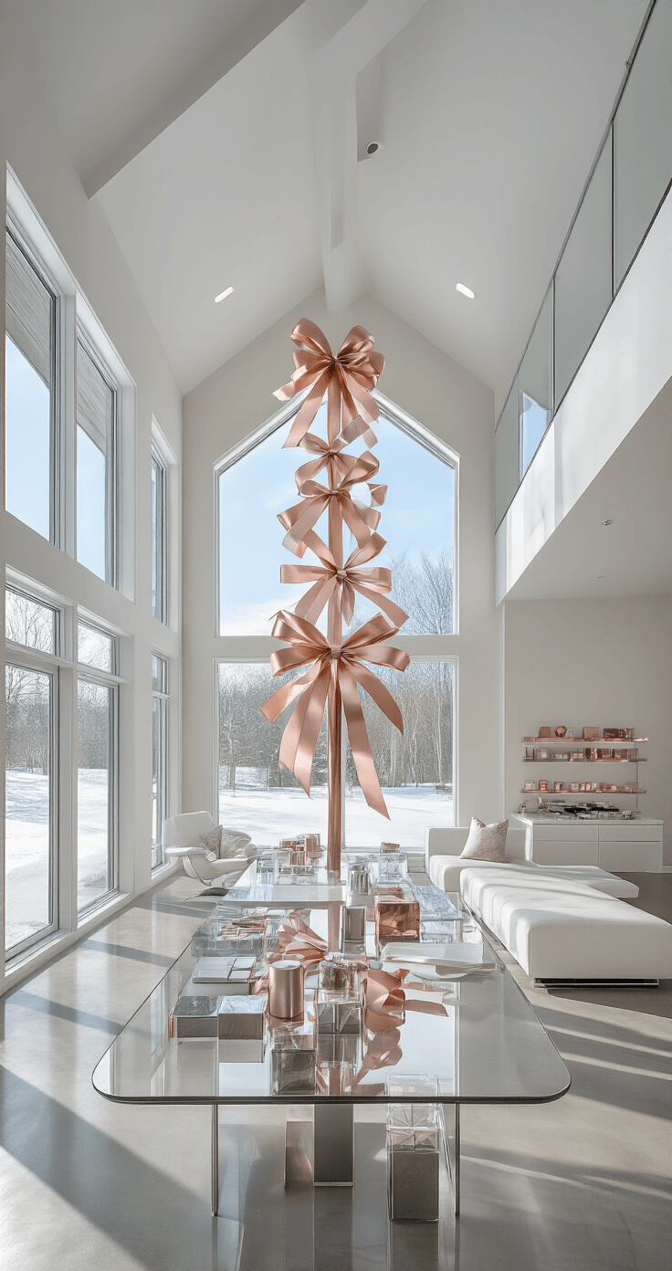 Deck the Halls: A Foolproof Guide to Creating a Show-Stopping Christmas Tree with Bows Modern minimalist interior featuring an 8-foot Nordmann fir tree adorned with rose gold and platinum ribbons, set against polished concrete floors and floor-to-ceiling windows revealing a snowy landscape. The space includes sleek white lacquer furniture and chrome accents, with an organized crafting station for bow-making tools, all highlighted by high-contrast lighting.