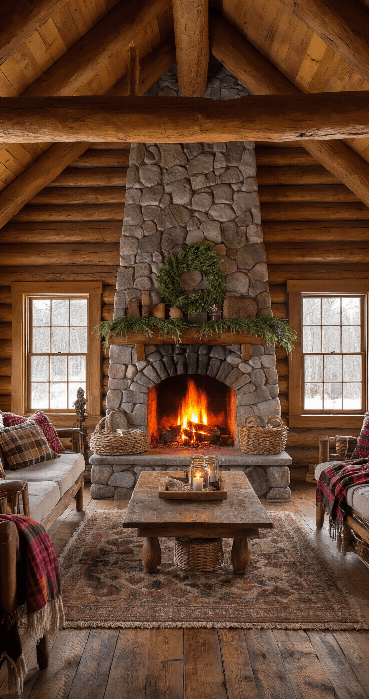 Deck the Halls: A Foolproof Guide to Creating a Show-Stopping Christmas Tree with Bows A cozy rustic cabin living room featuring natural log walls, a massive stone hearth with crackling flames, and a beautifully decorated Douglas fir with burlap ribbons and lace. Antique pine furniture, handwoven baskets, and mason jar luminaries add to the warmth, while plaid blankets and vintage quilts enhance the winter atmosphere in rich amber and burgundy tones.