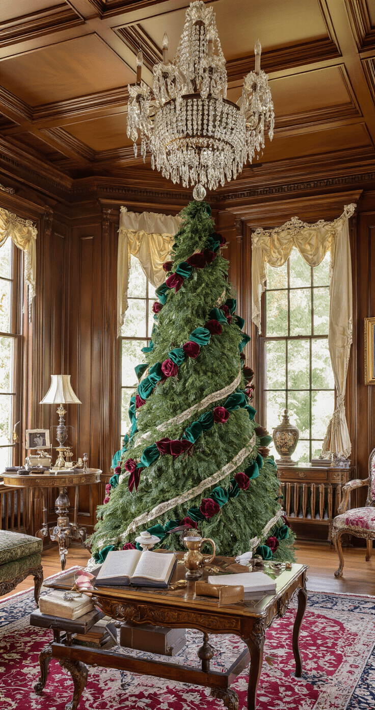 Deck the Halls: A Foolproof Guide to Creating a Show-Stopping Christmas Tree with Bows Elegant Victorian parlor featuring coffered ceilings, rich mahogany wainscoting, a decorated Blue spruce with velvet ribbons, ornate chandelier, Persian rugs, gilded furniture, and antique bow-making tools, all bathed in warm afternoon light.