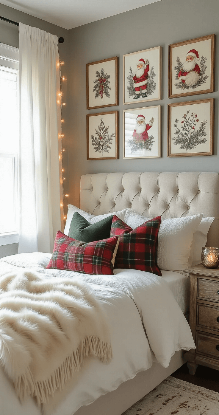 Cozy bedroom corner with soft morning light, featuring a tufted linen headboard, festive holiday art on dove gray walls, layered textiles with faux fur throws and plaid pillows, and a weathered wooden nightstand adorned with mercury glass votives.