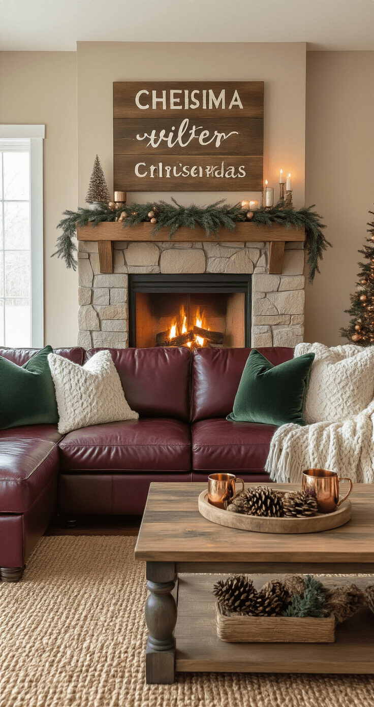 Cozy family room featuring a fireplace adorned with layered Christmas decor, deep burgundy leather sectional with cream throws and forest green pillows, and a warm ambiance created by flickering firelight and overhead lighting.