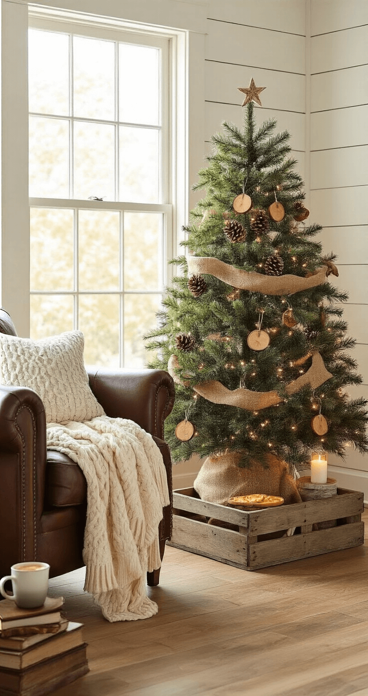 Cozy living room corner with a modest 5-foot rustic Christmas tree in a vintage wooden crate, decorated with handmade ornaments, dried citrus, and LED lights, beside a leather armchair and rustic side table with books and cocoa, all featuring warm lighting and honey oak floors.