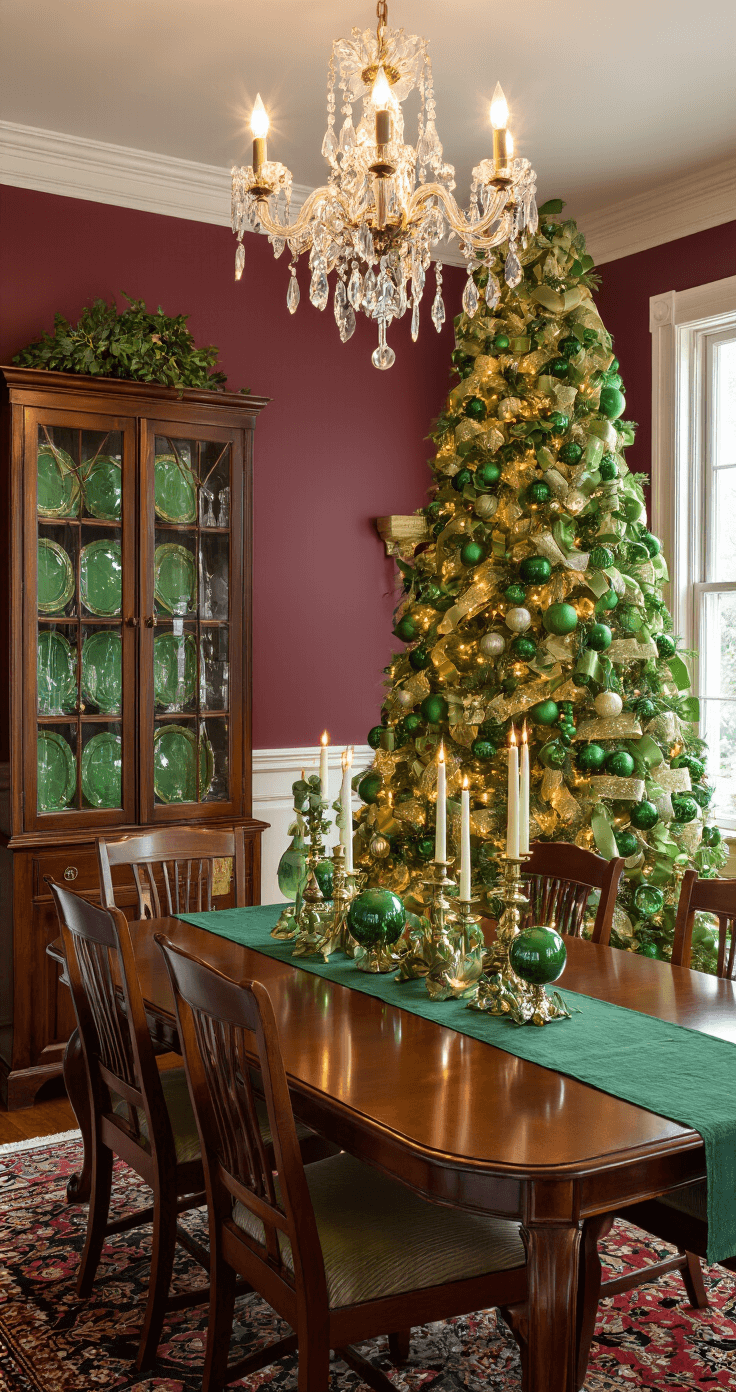 Sophisticated dining room with a 7-foot noble fir tree in green and gold theme, elegantly decorated and illuminated during twilight, featuring a mahogany dining table set with emerald green runners and brass candlesticks, surrounded by rich burgundy walls and a Persian rug.