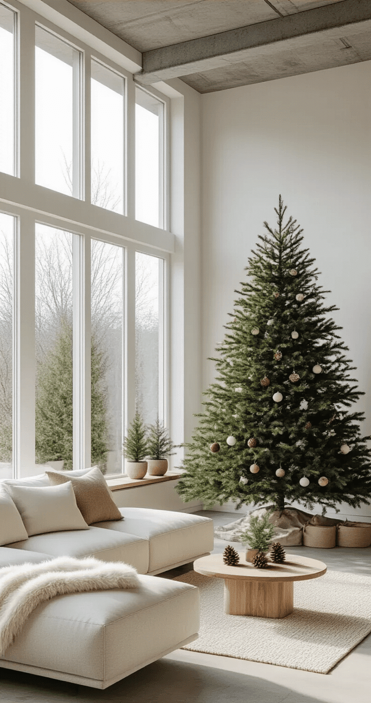 Minimalist modern living space with a Douglas fir Christmas tree and Scandinavian-inspired furniture, bright midday light illuminating natural decorations and textures.