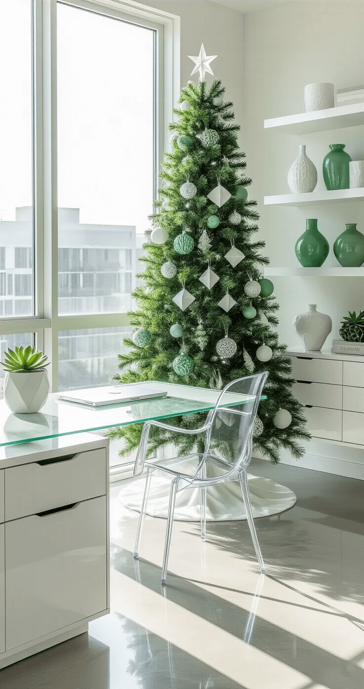 Contemporary home office with a 6-foot green and white Christmas tree, geometric ornaments, sleek glass-top desk, and minimalist decor, all bathed in crisp morning light.