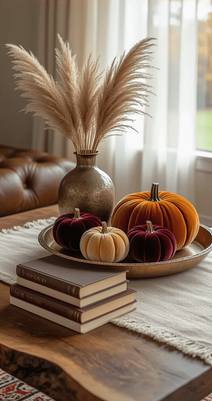 Intimate close-up of a rustic walnut coffee table styled for fall, featuring velvet pumpkins in deep burgundy and golden ochre on a vintage brass tray, dried pampas grass in a ceramic vase, and a stack of jewel-toned books, all illuminated by soft morning light.