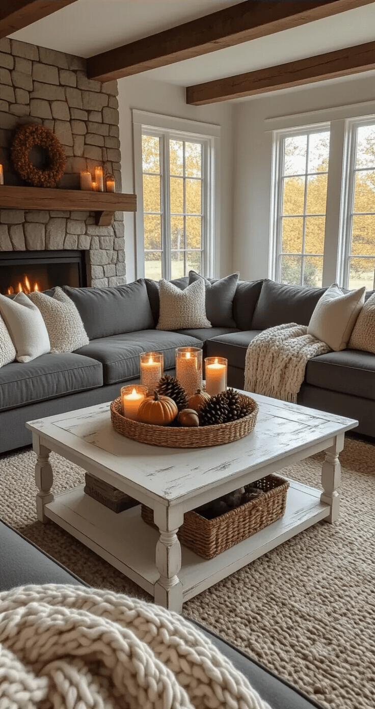 Wide-angle view of a cozy farmhouse living room with a distressed white coffee table, charcoal gray sectional, woven rattan tray of natural elements, flickering candles in mercury glass holders, and a chunky cream cable-knit throw, set against exposed wooden beams and a stone fireplace, embodying a warm fall ambiance.