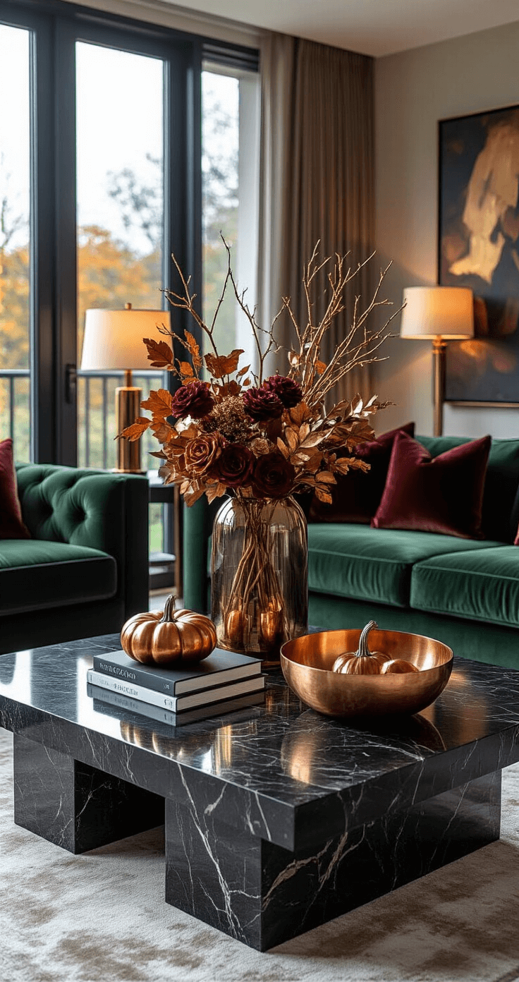 Luxurious living room featuring a black marble coffee table adorned with a sophisticated fall arrangement, including metallic accents and a plush velvet forest green sofa, all illuminated by soft evening lighting, creating dramatic shadows and a moody atmosphere.