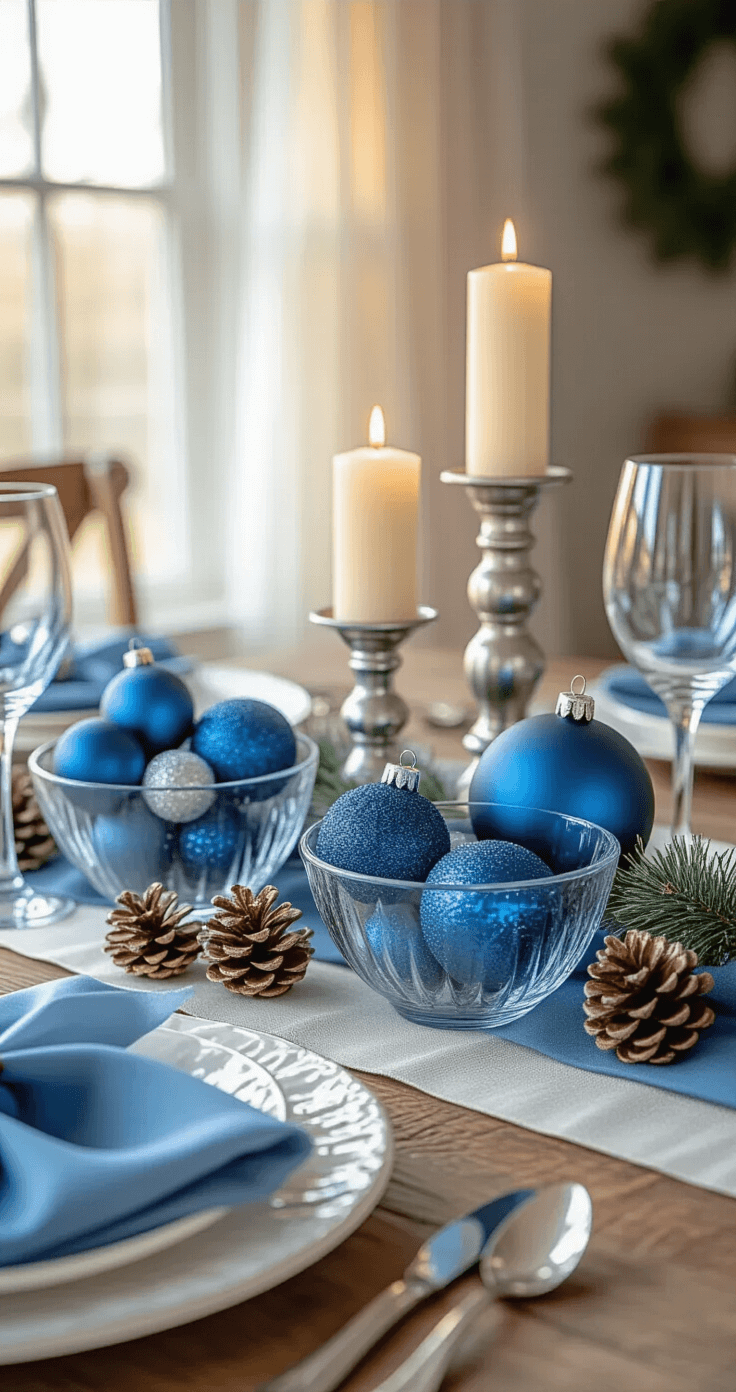 Close-up image of a blue-themed Christmas tablescape featuring glass ornaments in bowls, silver candlesticks with cream candles, pinecones with artificial snow, and a soft blue linen runner on a rustic oak table, illuminated by golden hour sunlight.