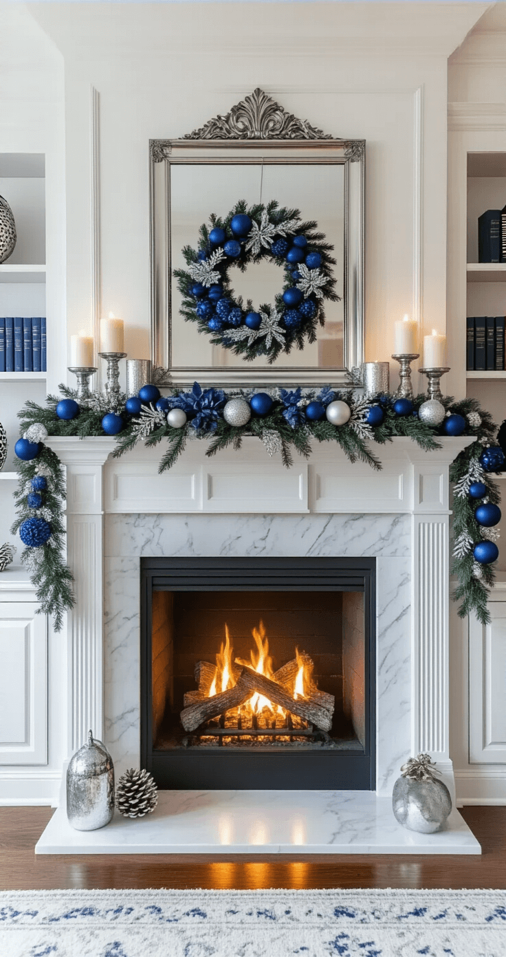 A elegantly styled fireplace mantel in a traditional living room showcases a blue Christmas theme, featuring a white marble mantel adorned with asymmetrical blue ornaments and silver pinecones, flanked by built-in white bookcases. A warm fire crackles below, and a large silver mirror reflects ambient lighting, creating a cozy yet refined atmosphere.