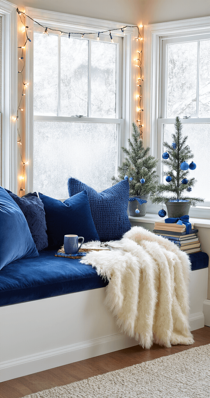 Cozy reading nook in a bay window alcove featuring navy velvet cushions, blue-toned throw pillows, string lights, a steaming mug, and a stack of books. A faux fur throw adds warmth, while a Norfolk pine with blue ornaments decorates the windowsill. Snow is visible through frost-edged windows, creating a serene and inviting atmosphere.