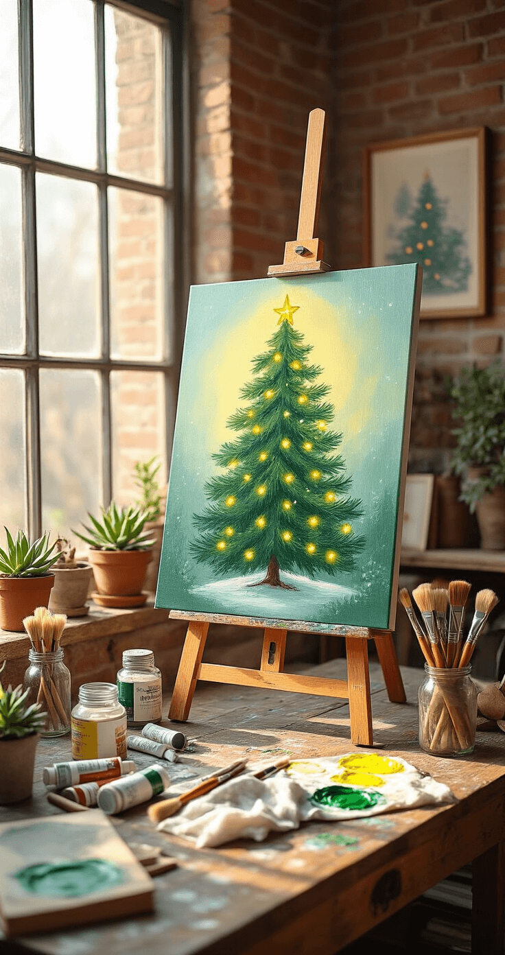 Cozy artist's studio corner showcasing a vibrant Christmas tree painting on an easel, surrounded by art supplies and illuminated by soft afternoon light filtering through large windows.