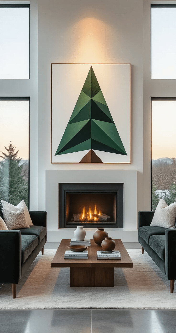 Modern minimalist living room with a geometric Christmas tree painting above a sleek white fireplace, featuring a charcoal velvet sofa, walnut coffee table, and polished concrete floors, all illuminated by warm golden hour light.