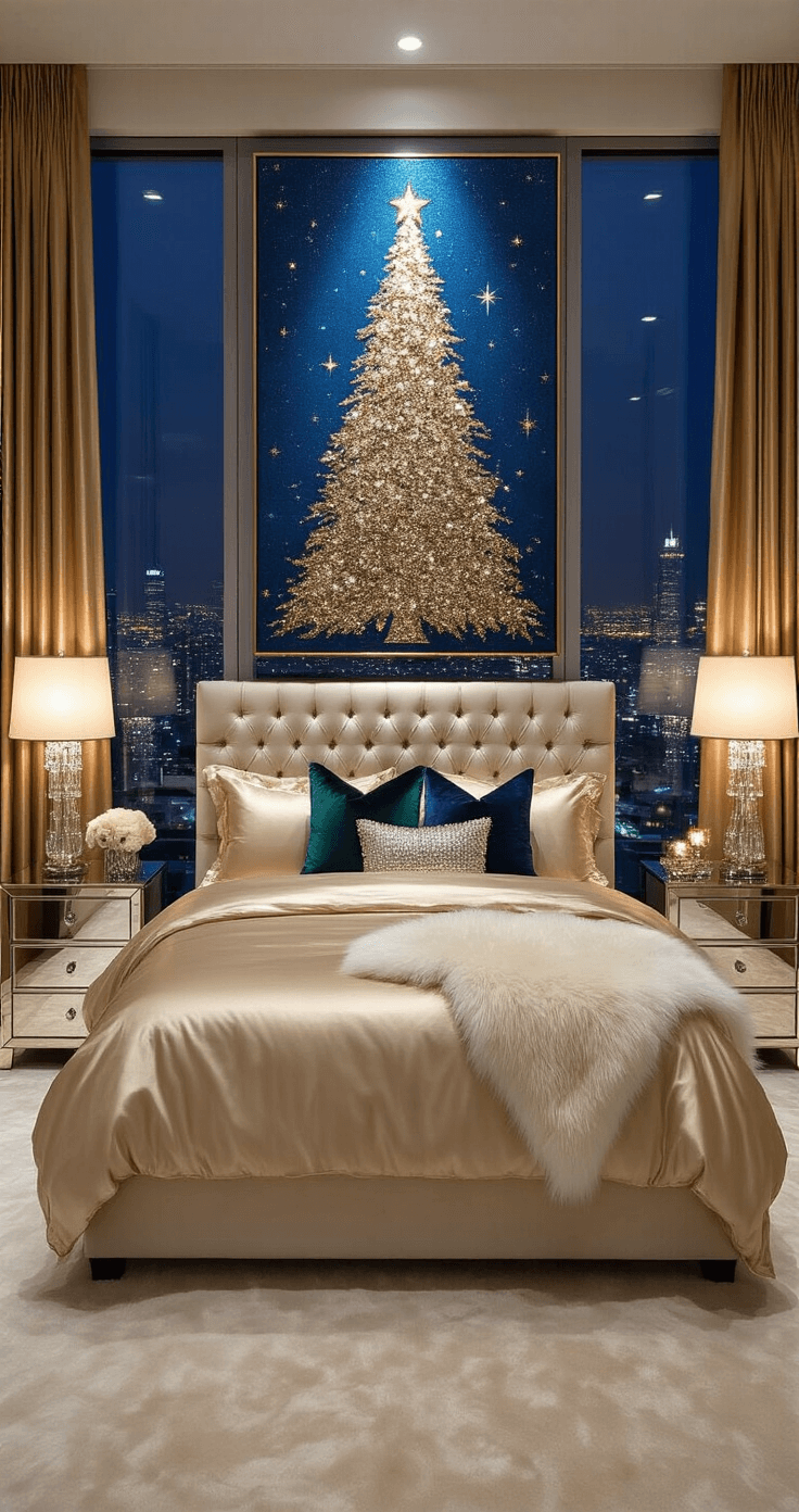 Glamorous contemporary bedroom with a tufted velvet headboard, glittery Christmas tree painting, luxurious accessories, and city lights visible through floor-to-ceiling windows during blue hour.