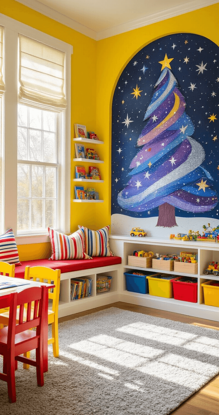 Bright children's playroom with a whimsical galaxy Christmas tree painting on a yellow wall, showcasing natural light, colorful books, wooden toys, and child-sized furniture, all in a cheerful primary color palette.