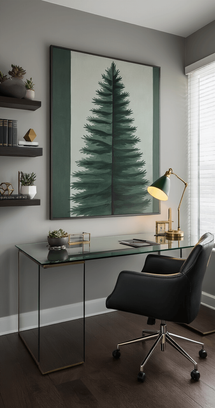 Sophisticated home office featuring a minimalist Christmas tree painting in varying shades of hunter green and charcoal against a warm gray background, sleek glass desk with ergonomic black leather chair, and brass desk accessories; large windows with winter landscape beyond white roller blinds, all captured in early evening light.