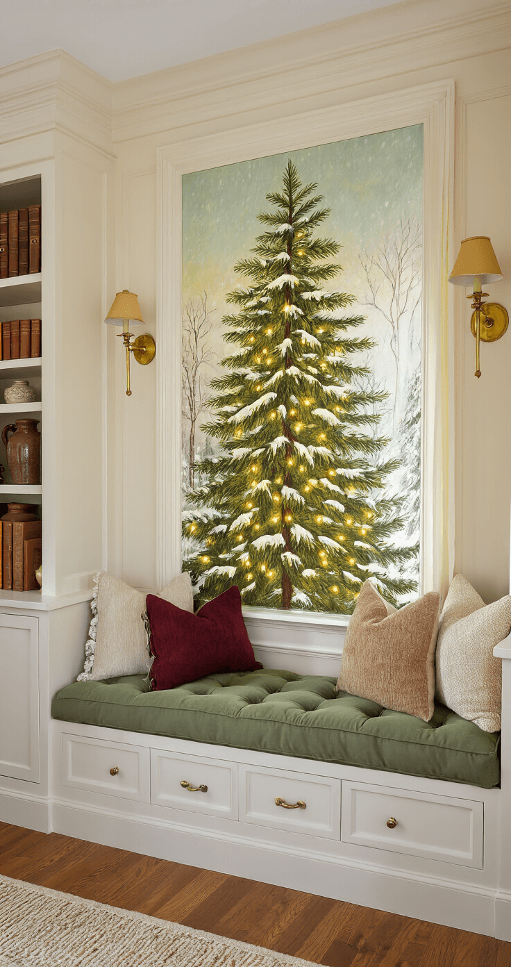 A cozy reading nook featuring a traditional Christmas tree painting above a built-in window seat with tufted sage green cushions and textured throw pillows, surrounded by warm white bookshelves filled with leather-bound books and ceramic pottery, illuminated by soft afternoon light filtering through sheer curtains, creating an inviting and warm atmosphere.