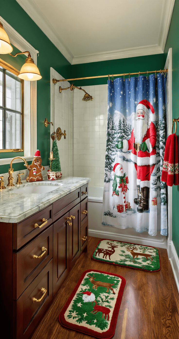 Luxurious master bathroom bathed in golden hour light, showcasing a festive Christmas shower curtain with Santa, rich mahogany vanity with brass fixtures, marble countertops adorned with gingerbread-shaped soap dispensers, plush holiday towels, and warm ambient lighting from pine candles, set against deep emerald walls and hardwood floors with a reindeer motif bath mat.