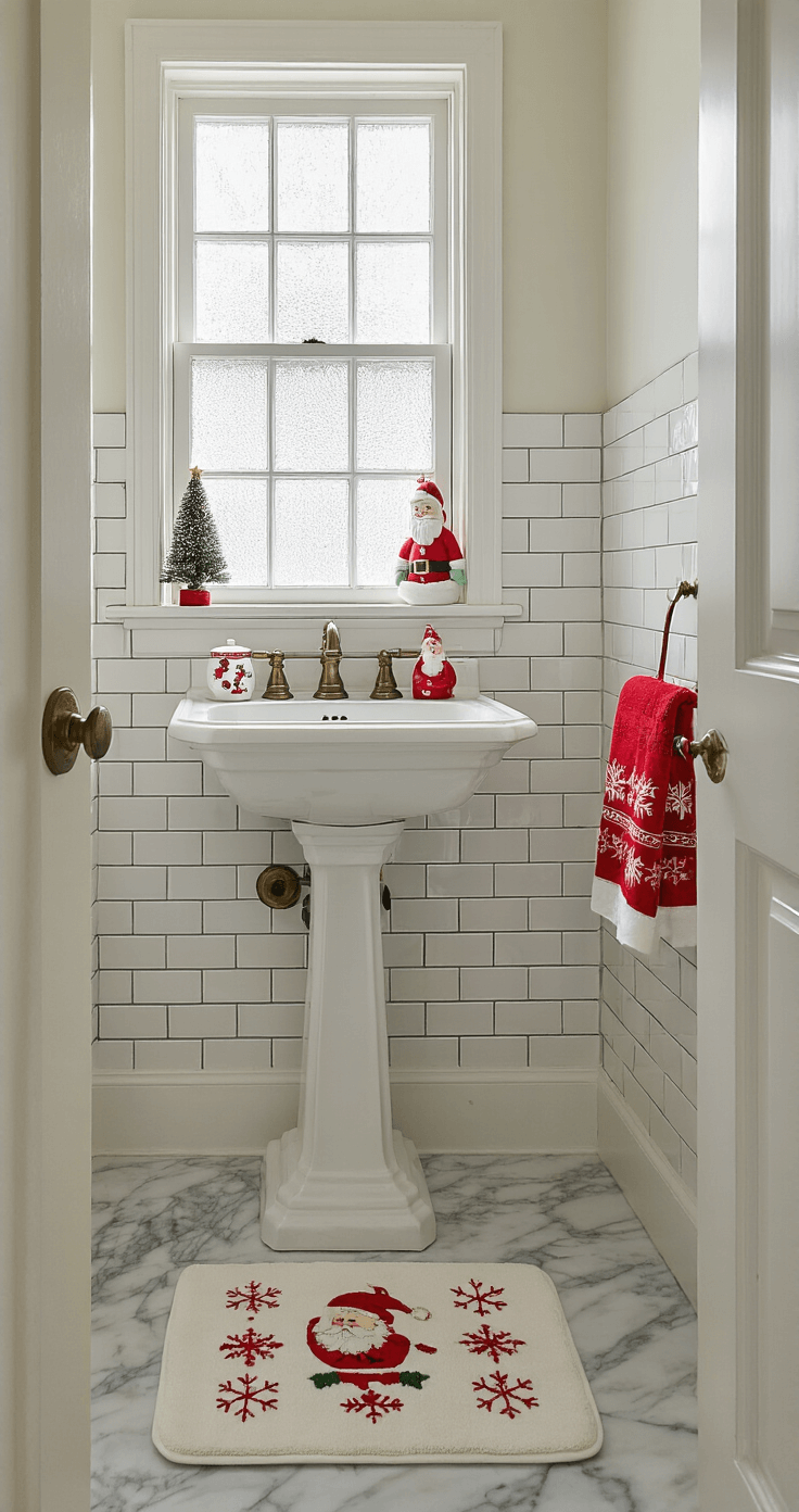 A compact powder room transformed into a winter wonderland, featuring a vintage pedestal sink with holiday-themed accessories, frosted window allowing soft natural light, and a festive red and green color palette with embroidered towels and a snowflake-patterned bath mat, captured from the doorway for an intimate, cozy atmosphere.