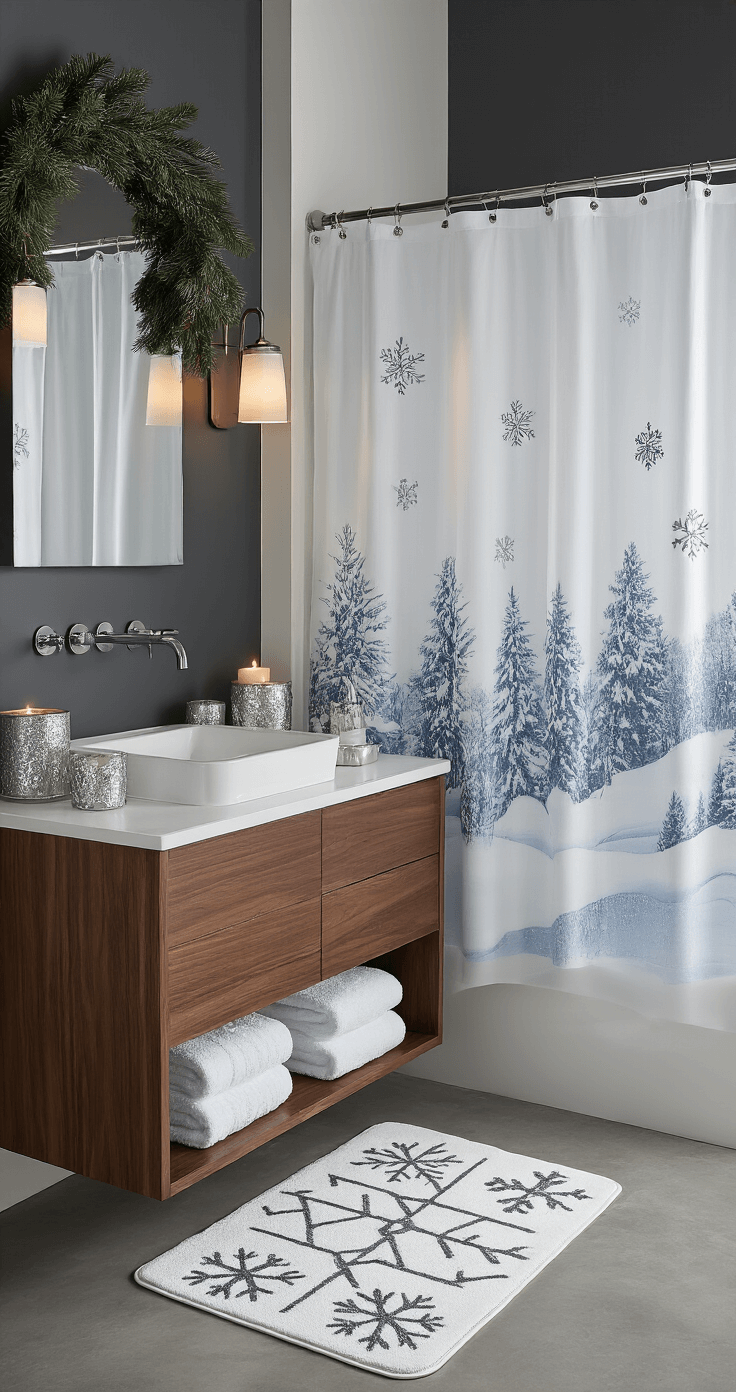 Elegant guest bathroom adorned with modern Christmas decor, featuring a walnut vanity with metallic silver and icy blue holiday accessories, a contemporary shower curtain, plush white towels with silver snowflakes, geometric patterned bath mat, mini wreaths, and scented candles, all captured in dramatic side lighting.