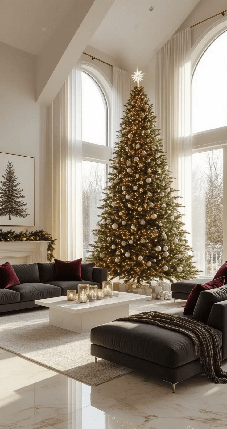 Expansive modern living room with 12-foot vaulted ceilings, featuring a grand 9-foot Christmas tree with warm white LED lights and silver ornaments, basking in golden hour sunlight through sheer curtains, complemented by a plush charcoal sectional sofa and elegant decor.