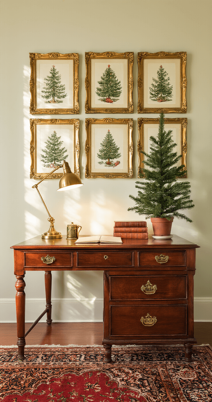 Intimate home office corner with vintage Christmas tree illustrations in gold frames above an antique mahogany desk, illuminated by warm afternoon light. A Norfolk pine and brass desk accessories adorn the desk, with emerald green walls and a Persian rug adding warmth to the cozy atmosphere.