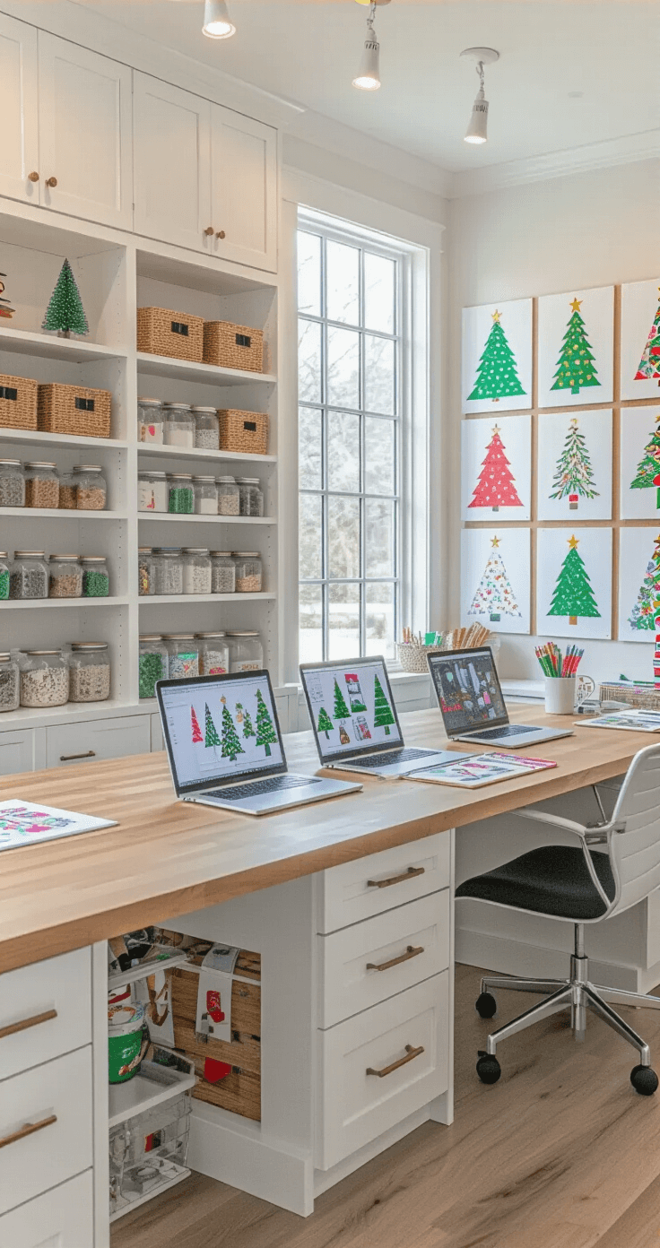 Spacious craft room with white built-in storage, large butcher block island displaying digital Christmas tree graphics on tablets, organized supplies in glass jars, and colorful vector prints pinned to cork boards, all under natural and LED lighting.