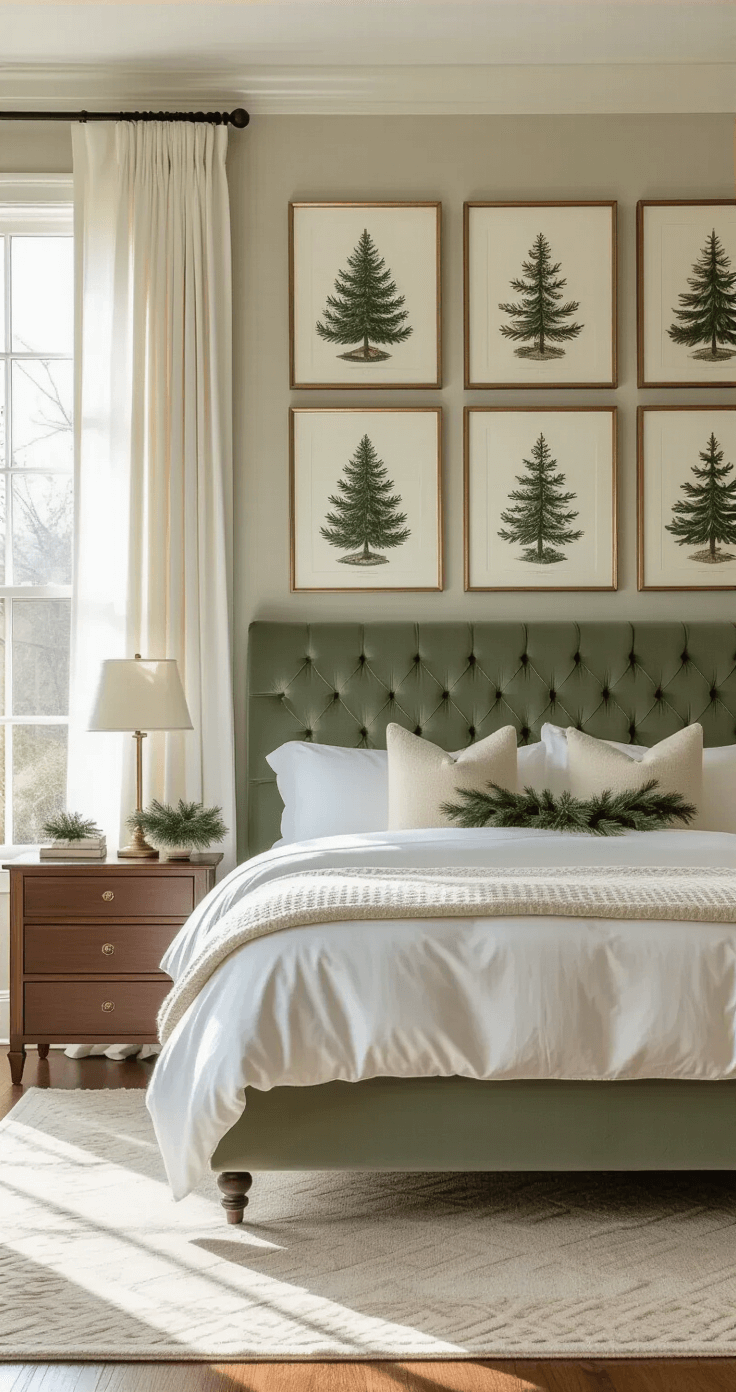 Elegant master bedroom featuring tall windows with white linen curtains, vintage Christmas tree illustrations above a sage green velvet tufted headboard, and warm walnut bedside tables with brass lamps, all illuminated by soft afternoon light.