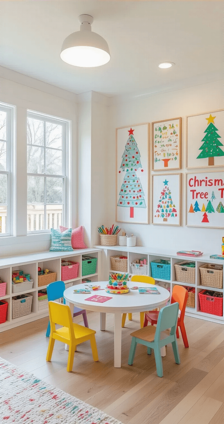 Cheerful children's playroom featuring soft pastel cubbies, an art display wall with colorful DIY Christmas tree illustrations, bright lighting, and child-sized furniture, evoking a joyful atmosphere for creativity and play.