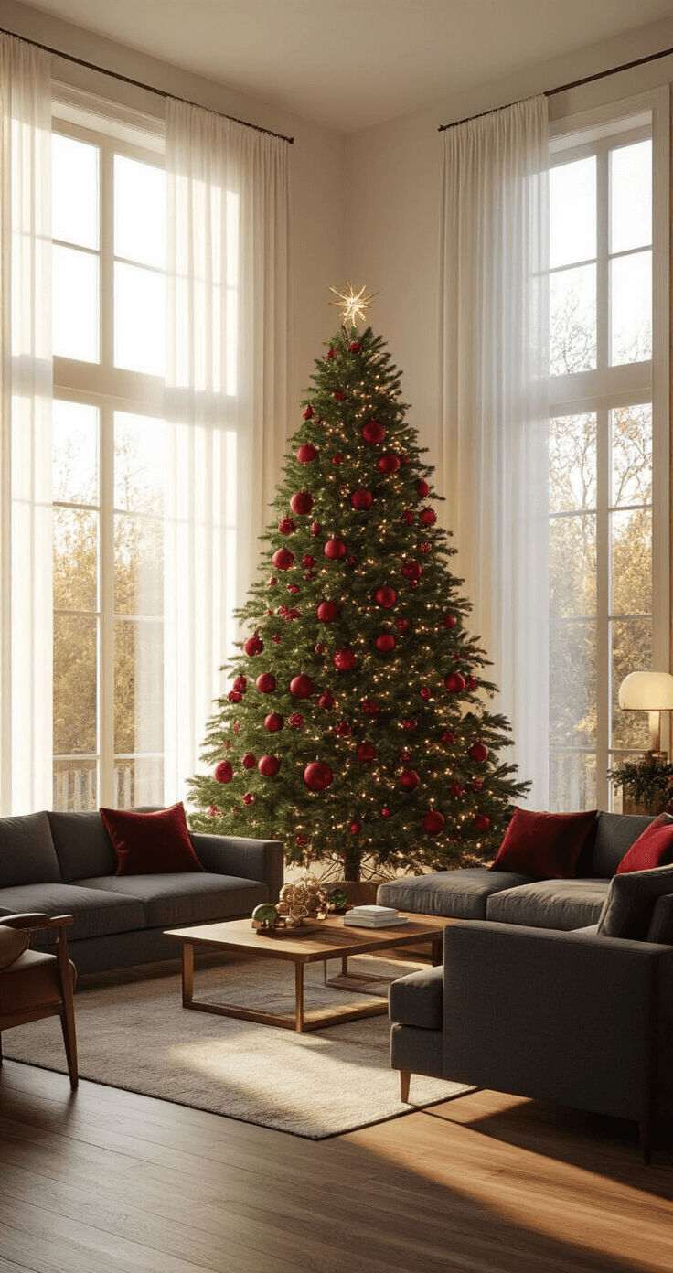 Classic Red and Green Christmas Tree Decor: Your Ultimate Styling Guide A spacious living room at golden hour featuring a 7-foot Fraser fir Christmas tree with red and green ornaments, warm sunlight streaming through sheer curtains, and mid-century modern furniture, creating a cozy, nostalgic atmosphere.