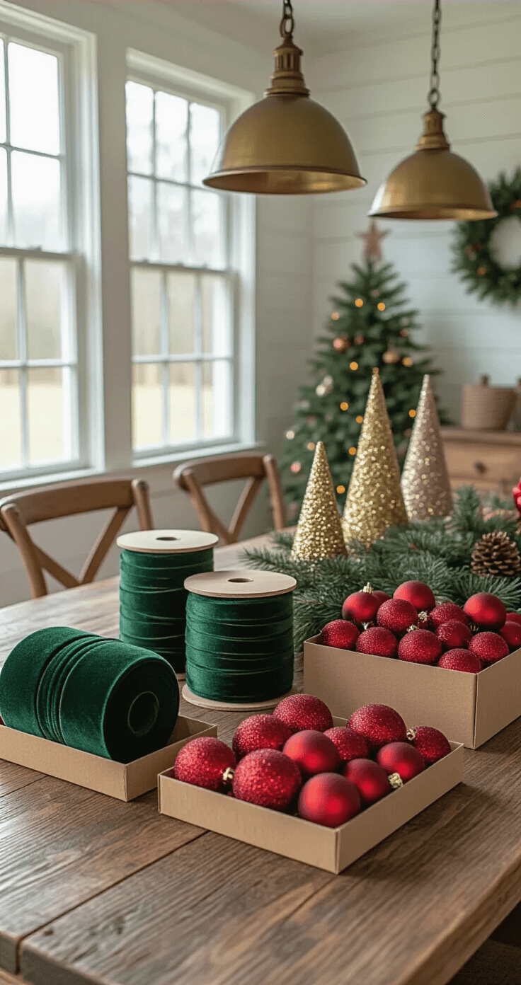 Classic Red and Green Christmas Tree Decor: Your Ultimate Styling Guide Professional flat-lay photography of Christmas decorating supplies on a rustic farmhouse dining table, featuring deep forest green velvet ribbon, shimmering red glass ornaments, shatterproof baubles, gold tree toppers, and warm white fairy lights, surrounded by a weathered oak surface and white shiplap walls.