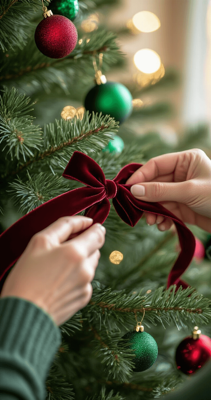 Classic Red and Green Christmas Tree Decor: Your Ultimate Styling Guide Close-up of hands arranging deep red velvet ribbon among pine branches, with emerald green glass ornaments and burgundy baubles, showcasing various textures and colors in a softly lit Christmas tree styling session.