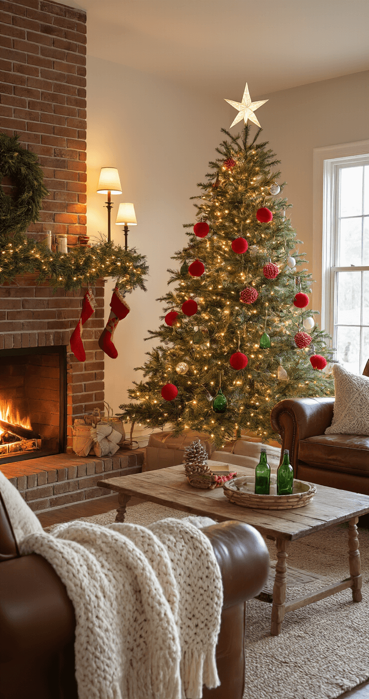 Classic Red and Green Christmas Tree Decor: Your Ultimate Styling Guide Cozy family room with warm ambient lighting, featuring a modest Christmas tree adorned with DIY decorations, comfortable furniture, and a brick fireplace with festive garland, showcasing a budget-friendly decorating approach for the holidays.