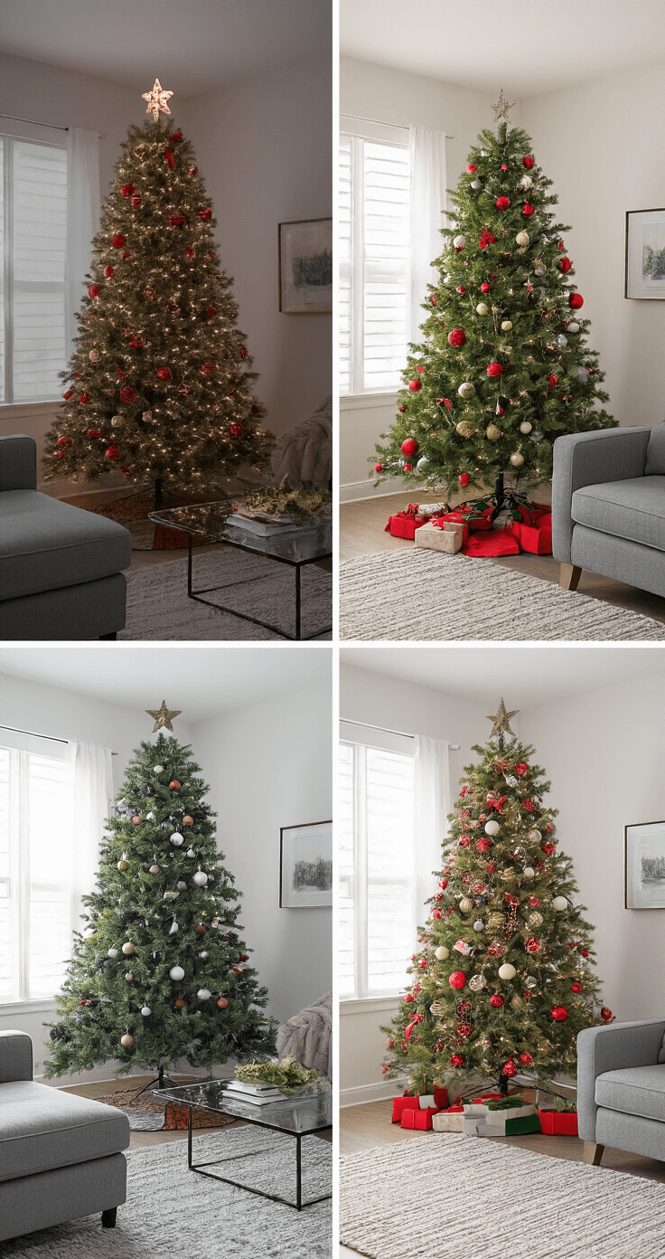 Classic Red and Green Christmas Tree Decor: Your Ultimate Styling Guide Before-and-after image showing a cluttered, unbalanced Christmas tree on the left under harsh overhead lighting, revealing decor mistakes, and a perfectly styled tree on the right with soft diffused lighting highlighting balanced ornament placement, color harmony, and varied textures in a modern living room setting.
