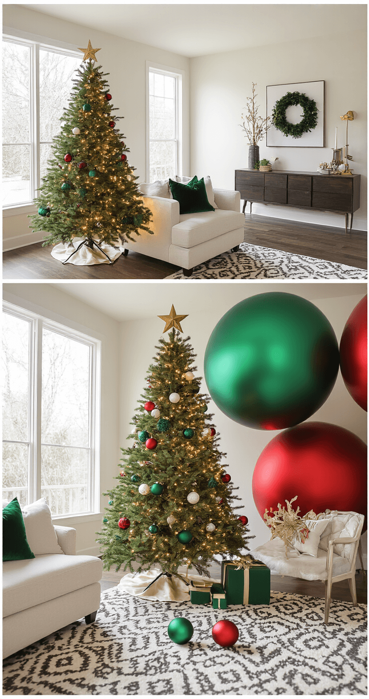 Classic Red and Green Christmas Tree Decor: Your Ultimate Styling Guide Time-lapse photography sequence of a Christmas tree decoration process in a bright living room, showing steps from a bare Noble fir tree setup to the final gold star topper, surrounded by modern decor.