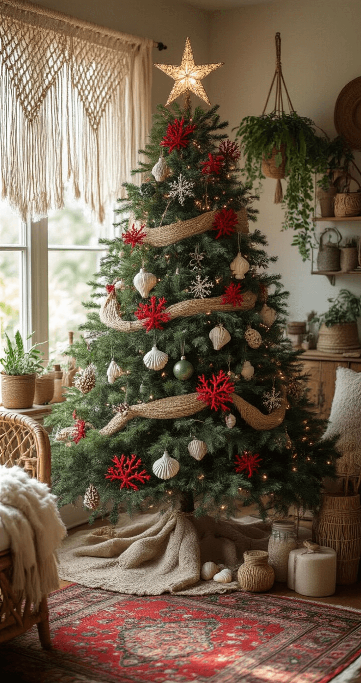 Classic Red and Green Christmas Tree Decor: Your Ultimate Styling Guide Eclectic Christmas tree styled with coastal-inspired decorations in a bohemian living space, featuring soft afternoon light, macramé window treatments, and a relaxed atmosphere showcasing vintage and farmhouse elements.