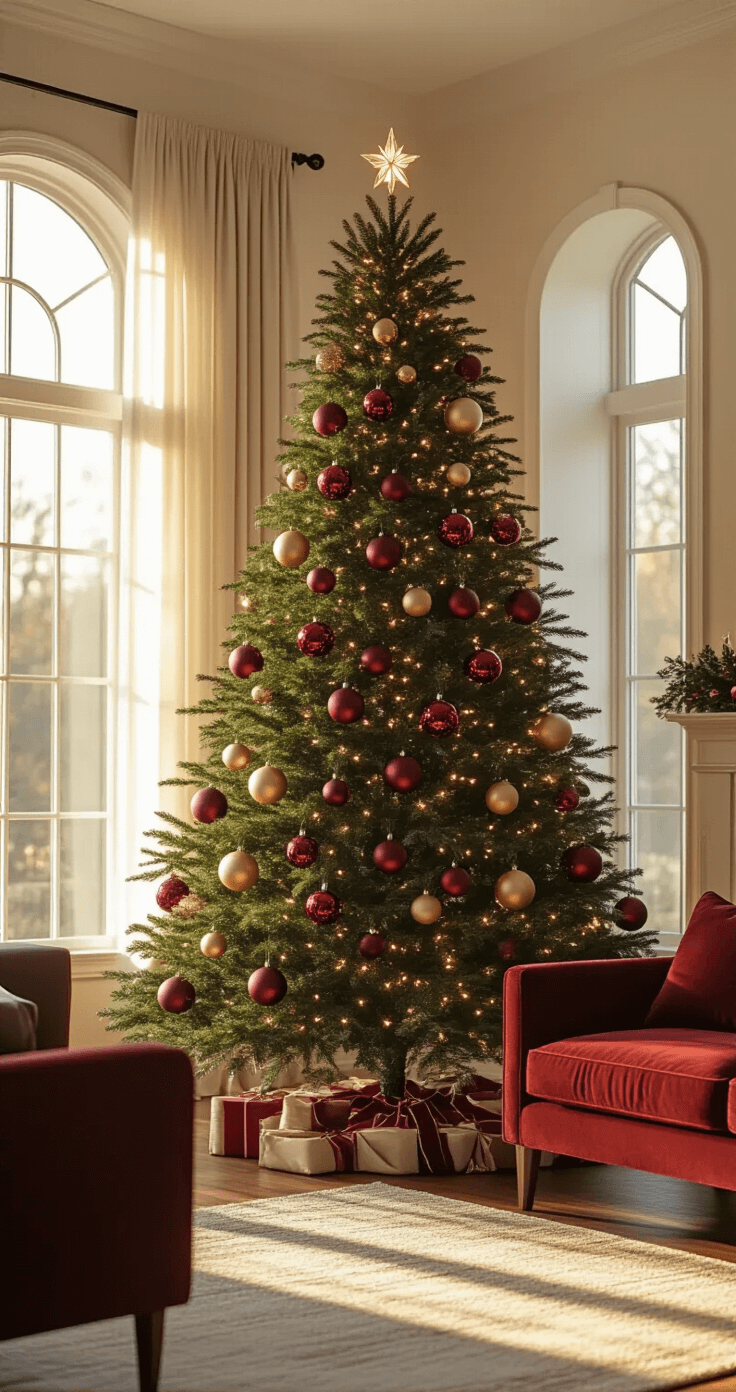 Photorealistic living room during golden hour featuring a majestic 7-foot Fraser fir Christmas tree with deep burgundy, forest green, and champagne gold glass ornaments, surrounded by mid-century modern walnut furniture, and glowing warm white string lights, all illuminated by sunlight streaming through sheer curtains.