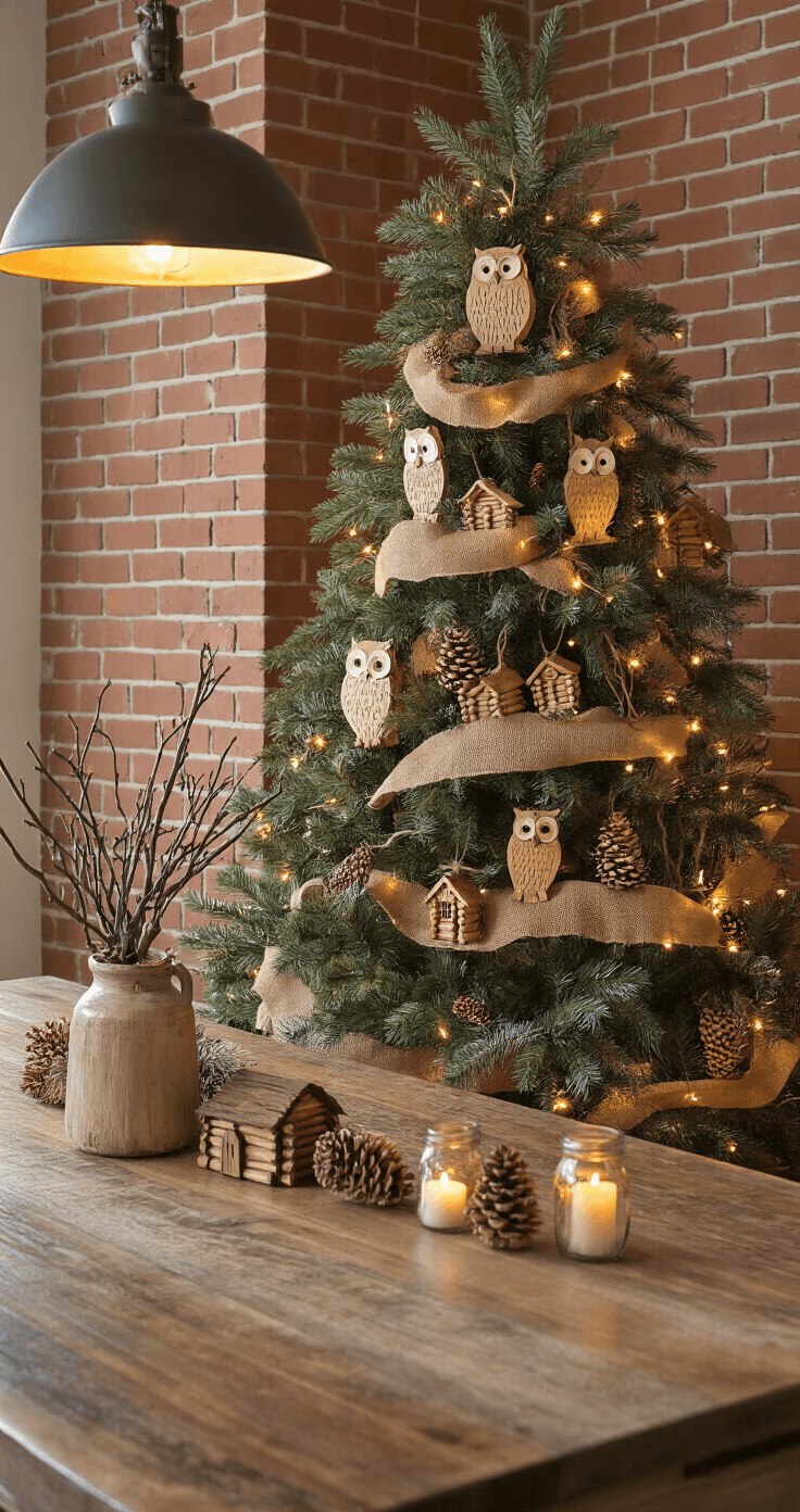 Intimate dining room scene at twilight featuring a rustic Christmas tree with handmade wooden ornaments, burlap ribbon, and fairy lights, set against an exposed brick wall with a farmhouse table and mason jar centerpieces.