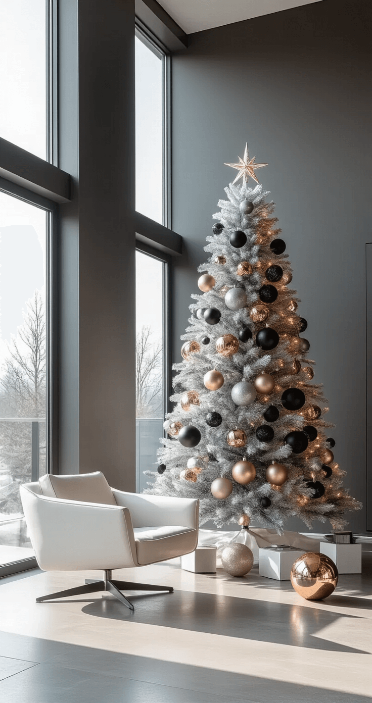 A modern minimalist living space with a sleek 8-foot Christmas tree adorned with geometric metallic ornaments in brushed silver, matte black, and rose gold, surrounded by Scandinavian furniture against charcoal gray walls, featuring natural light from floor-to-ceiling windows and polished concrete floors.