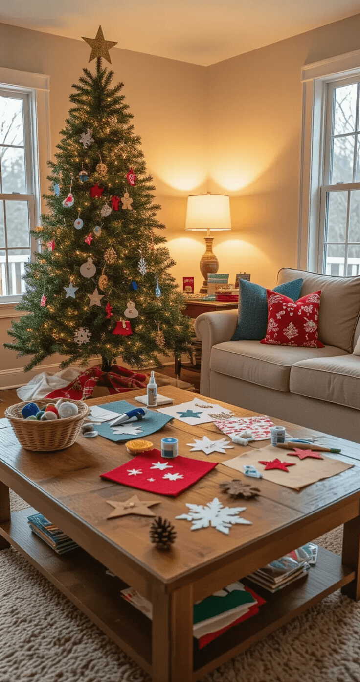 Cozy family room with a partially decorated 7-foot Christmas tree beside a large oak coffee table filled with DIY craft supplies, including felt sheets and glue guns. Children's handmade ornaments adorn the lower branches, while warm lighting creates an inviting atmosphere. A beige sectional sofa is adorned with holiday-themed pillows, all captured from a child's perspective.