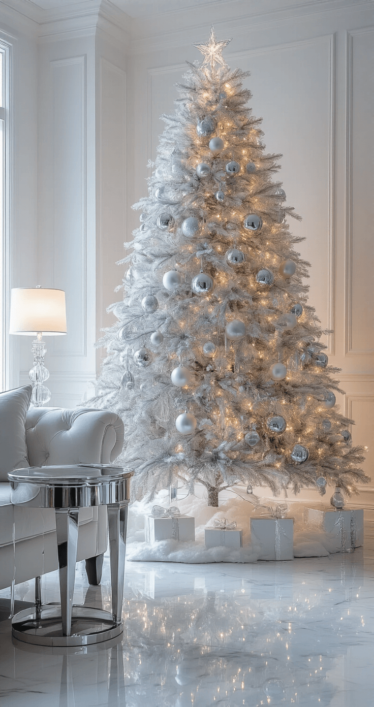 Elegant winter wonderland living room with a 9-foot Christmas tree adorned with frosted ornaments and illuminated by cool white lights, reflecting in polished marble floors, creating a magical ambiance.